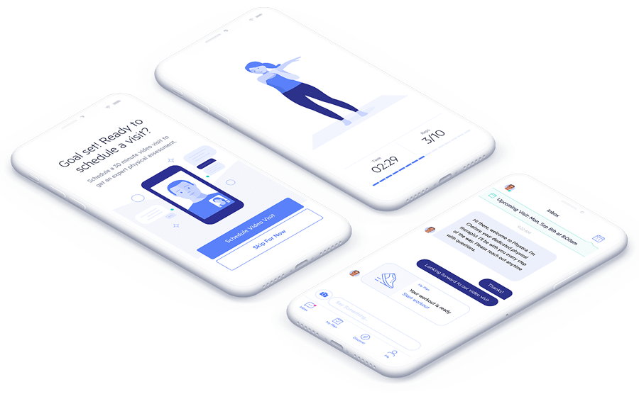 Three smartphones showing different Physera app features that help enable participant recovery